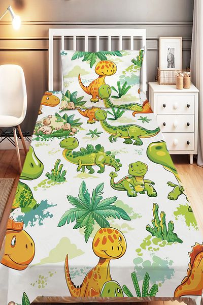 Else Halı Green Orange Dinosaurs Patterned Boys' Decorative Printed Bedspread