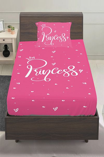 3D ELSE HALI Pink and White Princess Written Patterned Girl's Single Pillowed Elastic Sheet Set 100X200Cm