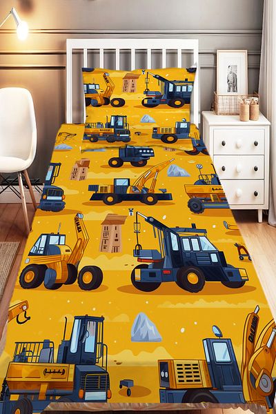 Else Halı Yellow Engineering Vehicles Construction Patterned Boys' Decorative Printed Bedspread