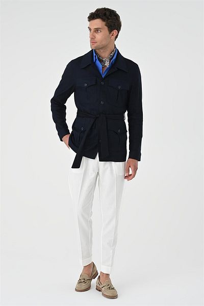 Antioch Dark Navy Blue Belted Waist Men's Seasonal Linen Coat