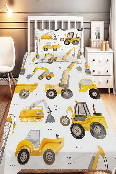 Else Halı Yellow Business Vehicles Patterned Boys' Decorative Printed Bedspread