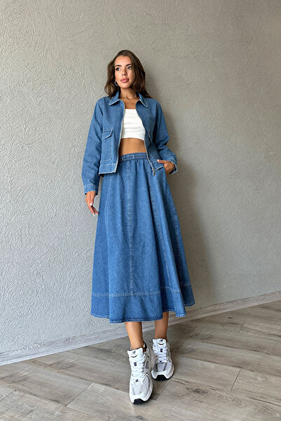 Seda Yalçın Atelier طقم سترة وتنورة زرقاء فاخرة من الدنيم