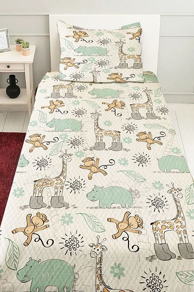 3D ELSE HALI Boy's Single Pique Bedspread - Forest Animals Patterned, Quilted