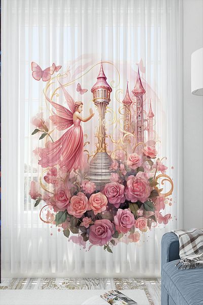 3D ELSE HALI Pink Haunted Floral Patterned Children's Tulle Curtain Single Wing 140X260Cm