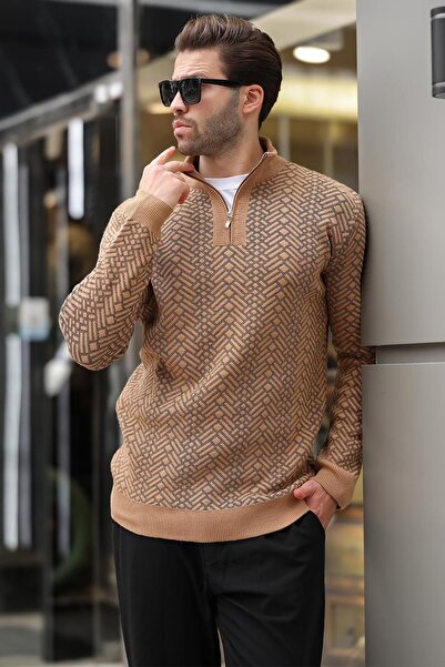 Madmext Camel Fermuar Yaka Uzun Kollu Desenli Örme Kazak E7287