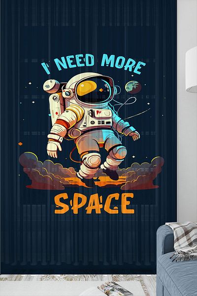 3D ELSE HALI Blue Astronaut Patterned Boy's Tulle Curtain Single Wing 140X260Cm