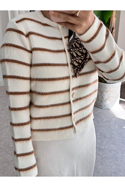 ASEL FASHİON Ζακέτα Premium ριγέ απαλή πλεκτή - Καφέ, με κουμπιά