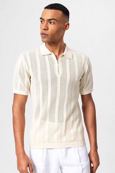 Antioch Men's Knitted T-shirt - Ecru Polo Collar, Zippered