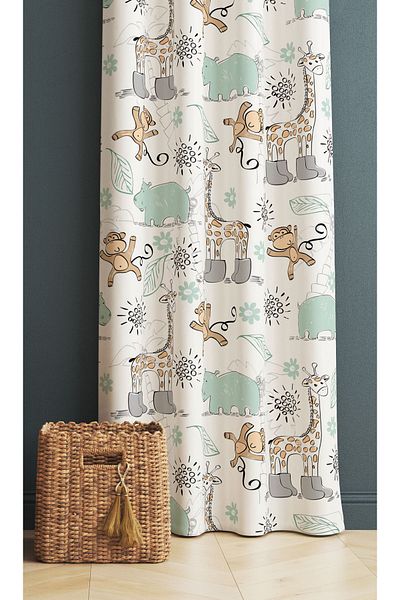 3D ELSE HALI Boy's Room - Forest Animals Patterned, Background Curtain, 140X260Cm