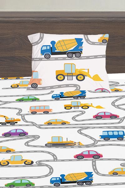 3D ELSE HALI Business Machinery Traffic Patterned Boy's Single Pillowed Elastic Sheet Set 100X200Cm