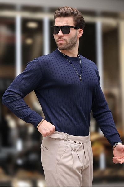 Madmext Μακρυμάνικο πουλόβερ Navy Blue Crew με ριγέ λαιμόκοψη E7273