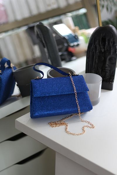 Moom Bag Γυναικείο βραδινό φόρεμα τσάντα ώμου με μπλε γκλίτερ λεπτομέρεια