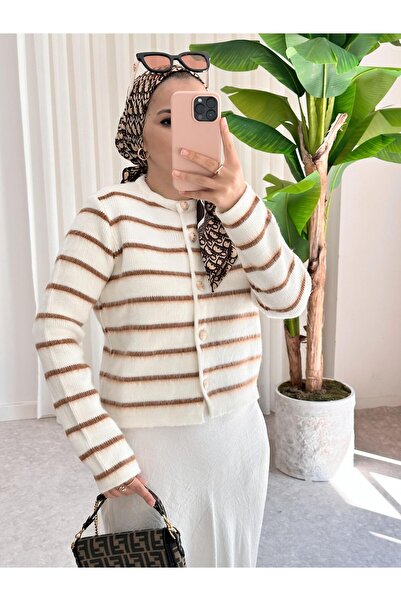 ASEL FASHİON Ζακέτα Premium ριγέ απαλή πλεκτή - Καφέ, με κουμπιά