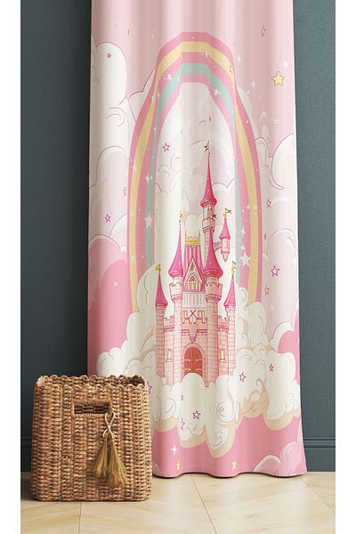 3D ELSE HALI Girl's Room - Patterned with Pink Castle, Background Curtain, 140X260Cm