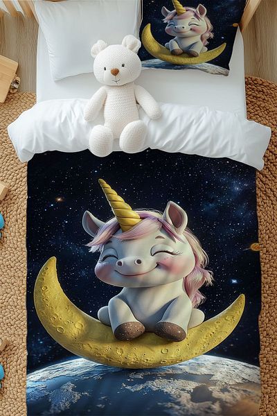 3D ELSE HALI Unicorn Patterned Single Girl's Duvet Cover Set - Sitting on the Moon with Pillowcase