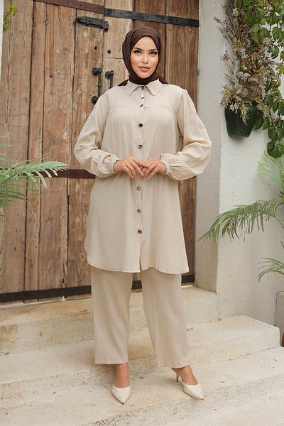 MİSSKAYLE Σετ Hijab Beige με λεπτομέρεια με κορδόνια