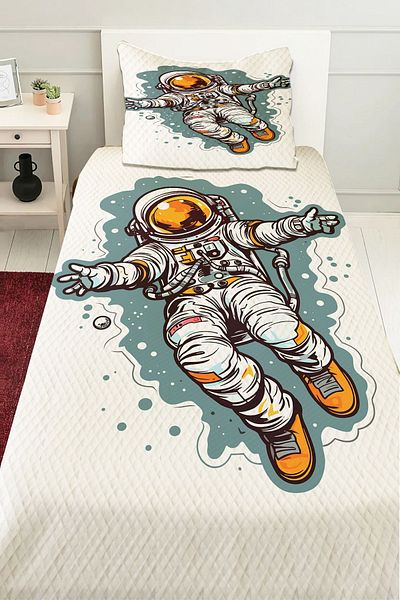 3D ELSE HALI Boy's Space Astronaut Patterned Single Pique Bed Set - Quilted