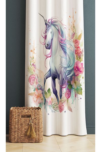 3D ELSE HALI Colorful Floral Unicorn Horse Patterned Girl's Room Background Curtain 140X260Cm