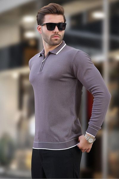 Madmext Dark Gray Zippered Polo Collar Stripe Detailed Long Sleeve Sweater 7267