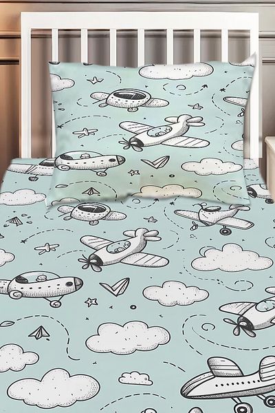 Else Halı Blue and White Airplanes Patterned Boys' Decorative Printed Bedspread