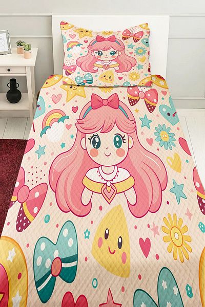 3D ELSE HALI Pink Anime Princess Patterned Girl's Bedspread - Single Pique Set Quilted