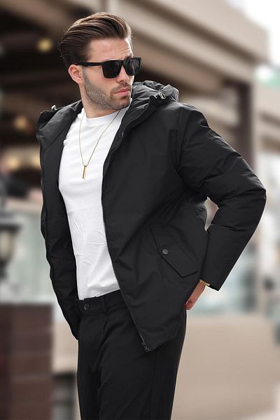 Madmext Μαύρο ανδρικό πουπουλένιο παλτό με κουκούλα με τσέπες E7238