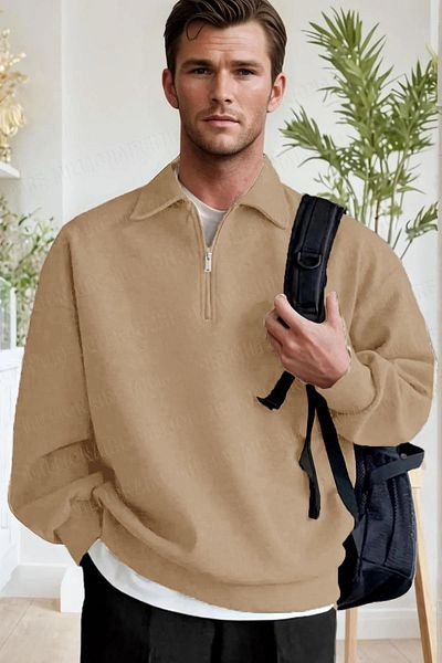 Millionaire Ανδρικό φούτερ Camel με μισό φερμουάρ Polo λαιμόκοψη 3 κλωστών με φλις εσωτερικά Raster Oversize φούτερ