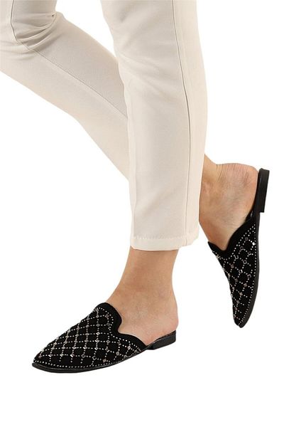 Liger Suede Pointed Toe Stone Designed Women's Slippers Black - Silver