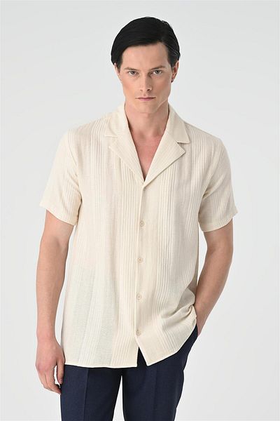 Antioch Ecru Woven Patterned Short Sleeve Men's Shirt