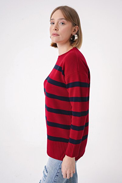 CHUBA Kadın Bisiklet Yaka Dokulu Rahat Kalıp Çizgili Triko Kazak Kırmızı-lacivert 25w3002