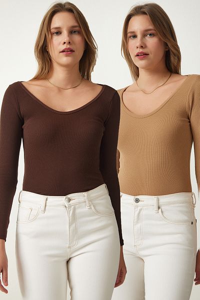 Lovelyİstanbul 2-Pack V-Neck Knitted Blouse - Dark Brown Biscuit Lgt0022