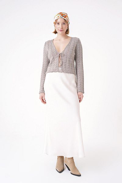 CHUBA Openwork Patterned V-Neck Women's Knitwear Cardigan - Rope Tied, Standard Fit, Mink 25W3008