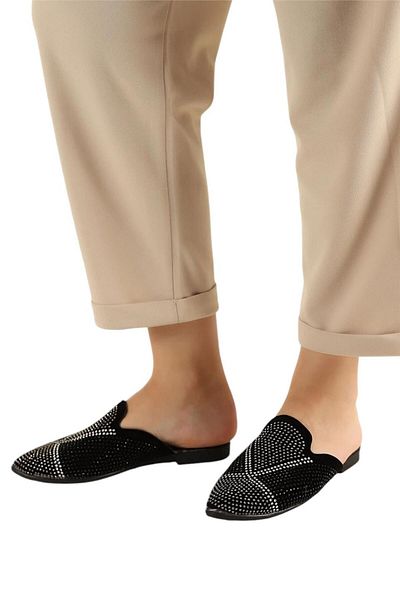 Liger Suede Pointed Toe Stone Designed Women's Slippers Black - Platinum