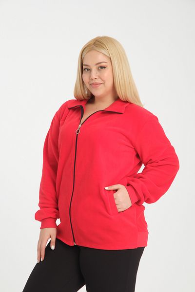 BANEGA Curve Plus Size Red Zippered Pocket Raised Fleece Sweatshirt Cardigan