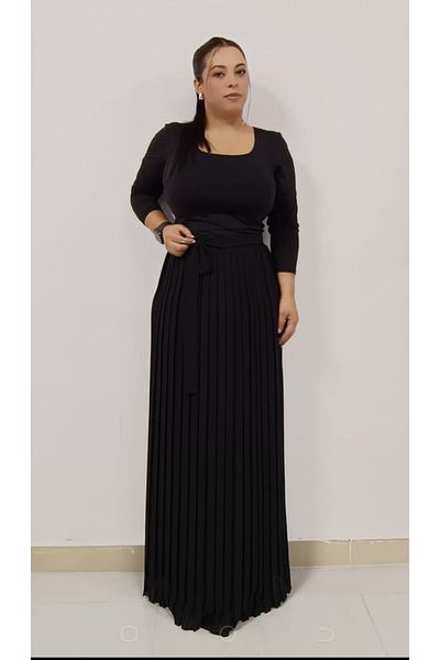 AKŞEN GİYİM Plus Size Chiffon Long Skirt - Pleated, Lined, and Elastic Accordion Skirt with Waist Belt