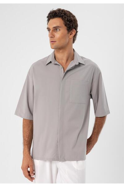 Antioch Light Gray Oversize Hidden Button Short Sleeve Men's Shirt