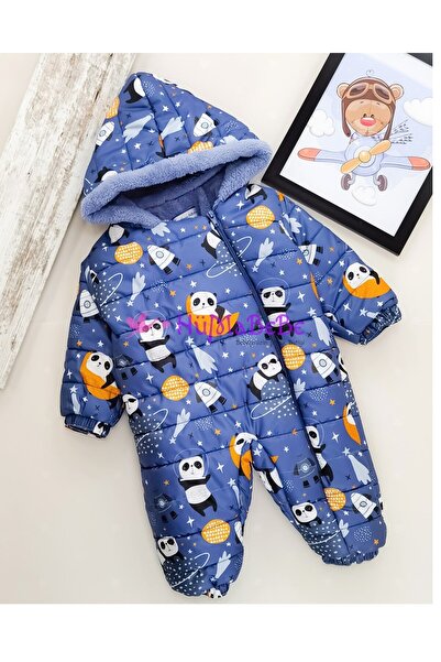 dubi baby mavi renk panda desenli kapşonlu bebek kozmonot astronot tulum
