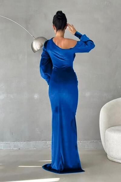 Deafox Синя сукня на одне плече з відкритими деталями з оксамитової тканини довжиною максі з довгими рукавами