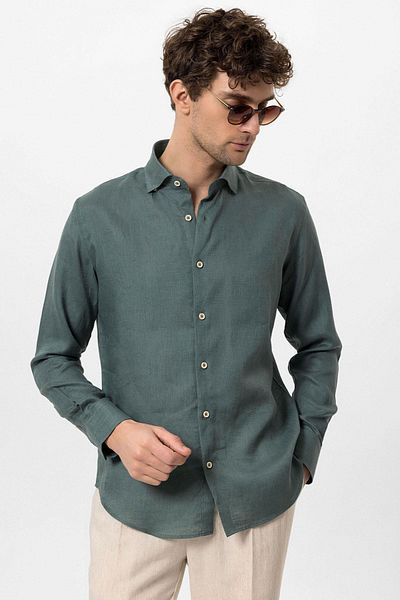 Antioch Green Collar Button Detailed 100% Linen Men's Shirt