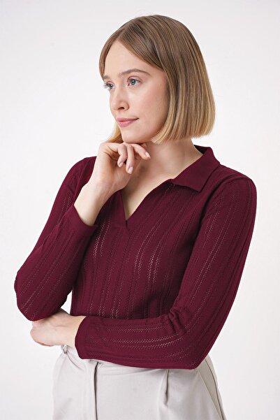 CHUBA Women's Polo Neck Knit Detailed Regular Fit Knitwear Sweater Claret Red 25W3004