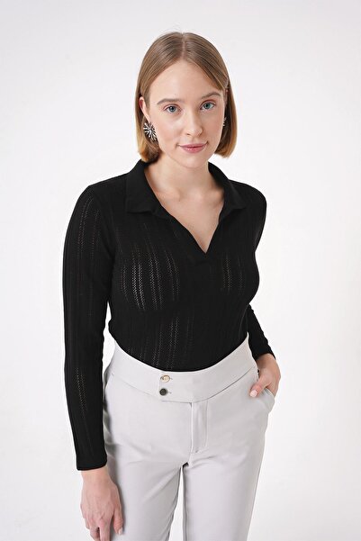 CHUBA Pulover de damă, cu gât polo, tricotat, cu croiala obișnuită, negru 25w3004