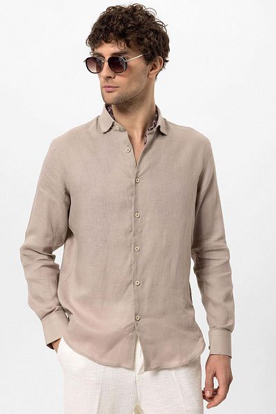 Antioch Beige Collar Button Detailed 100% Linen Men's Shirt