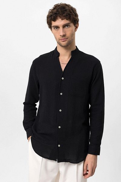 Antioch Black Judge Collar Knitted Textured Men's Shirt