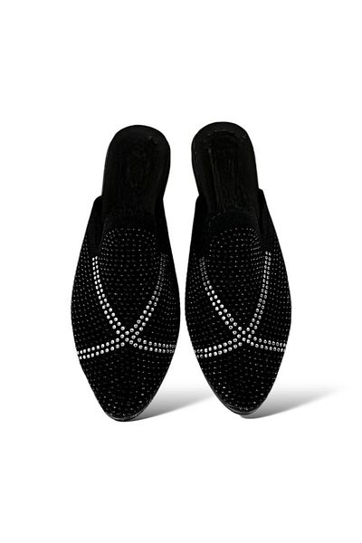 Liger Suede Pointed Toe Stone Designed Women's Slippers Black - Silver