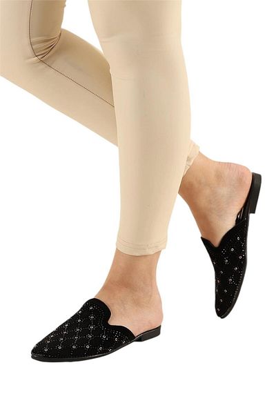 Liger Pointed Toe Stoned Suede Women's Slippers - Black Gold