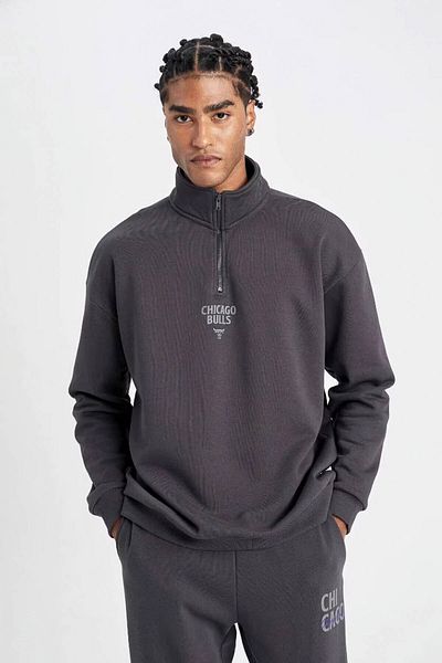 DeFacto Nba Chicago Bulls Oversize Stand Collar Zip Thick Sweatshirt - C9261Ax24Au