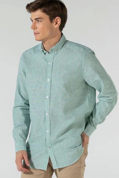 Tam12den Home Ανδρικό ριγέ βαμβακερό πουκάμισο - Mint Green White