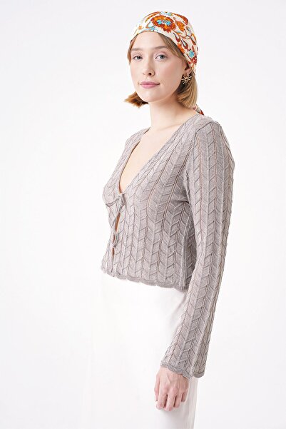 CHUBA Γυναικεία πλεκτή ζακέτα με διάτρητη στάμπα V-λαιμόκοψη - Κορδόνι δέσιμο, Standard Fit, Mink 25W3008