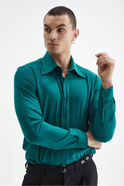 Antioch Green Slim Fit Men's Long Sleeve Wide Collar Shirt
