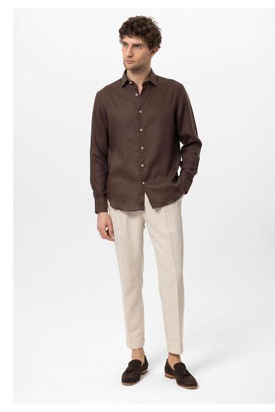 Antioch Ανδρικό πουκάμισο από 100% λινό με λεπτομέρεια σε σκούρο καφέ γιακά